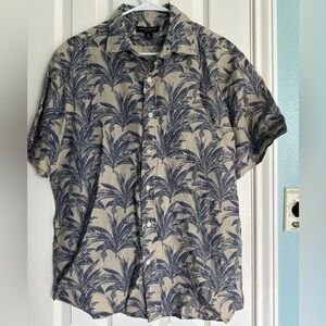2022 Banana Republic Shirt Mens 100% Linen Palm Print SS Button Up - M Tan Blue